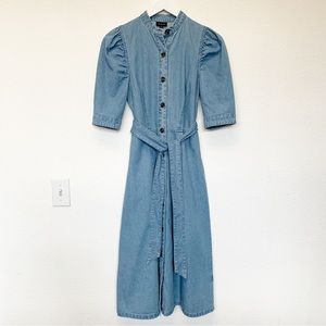 WHO WHAT WEAR Denim Midi Dress A-Line Puff Sleeves Modest Chic Classic SIZE XS